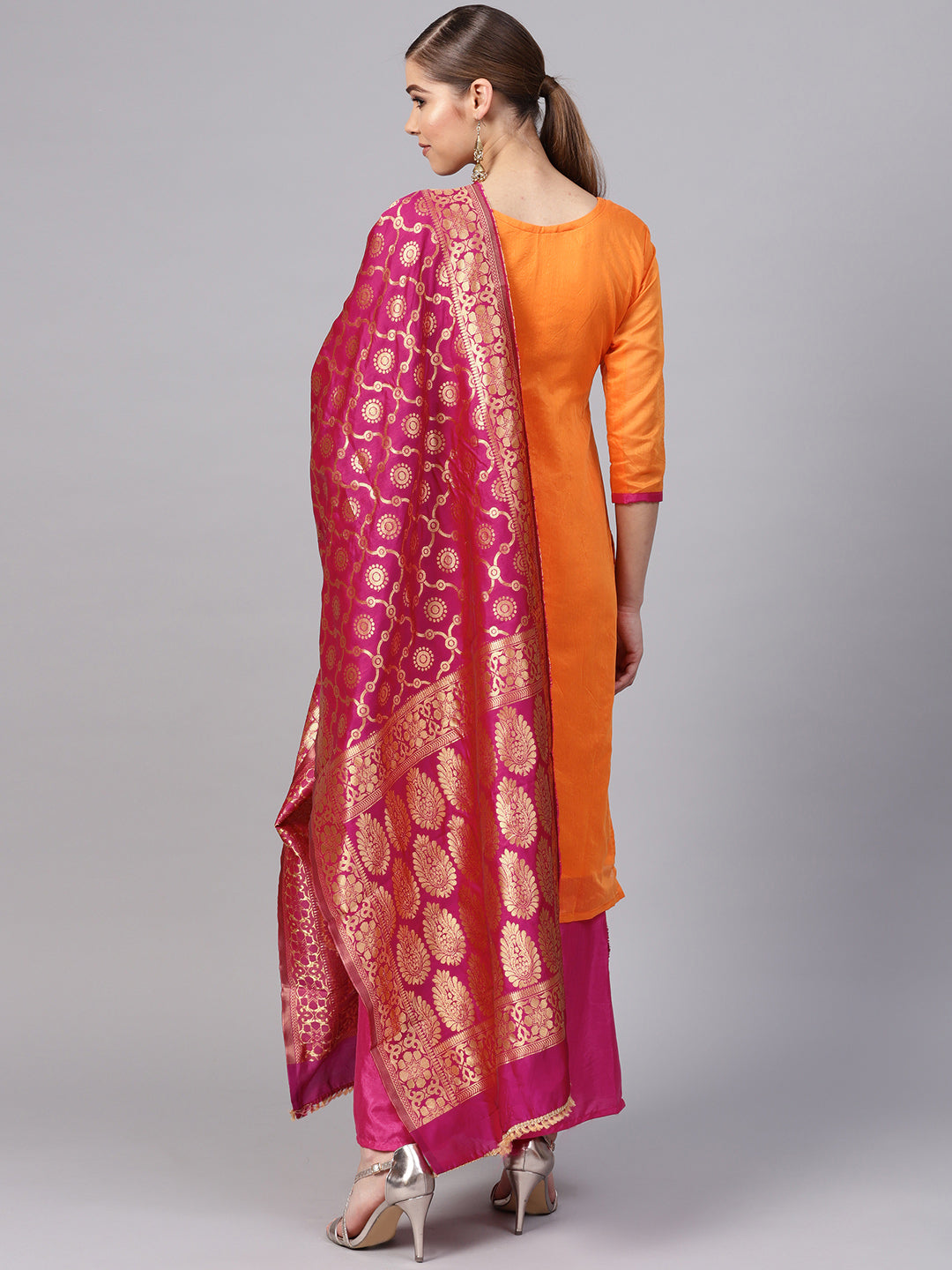 Ishin Women's Chanderi Silk Orange & Pink Woven A-Line Kurta With Palazzo & Dupatta