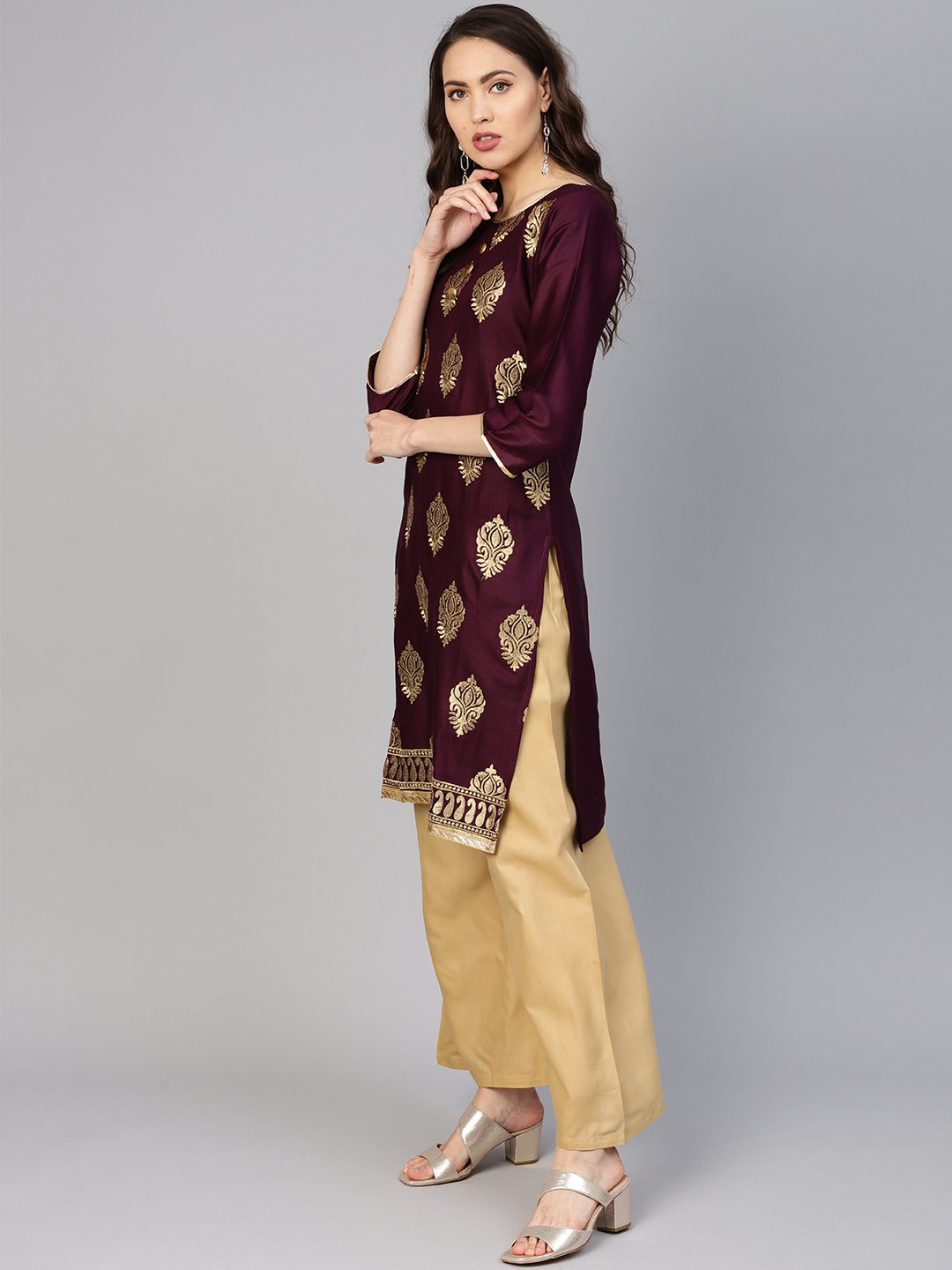 Ishin Women's Poly Silk Purple Embroidered A-Line Kurta Palazzo Dupatta Set