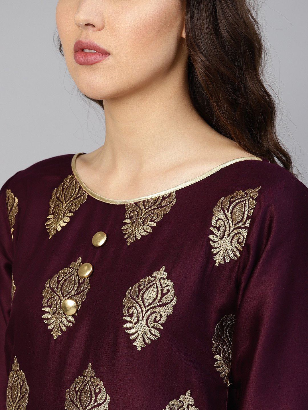 Ishin Women's Poly Silk Purple & Beige Embroidered A-Line Kurta Palazzo Dupatta Set