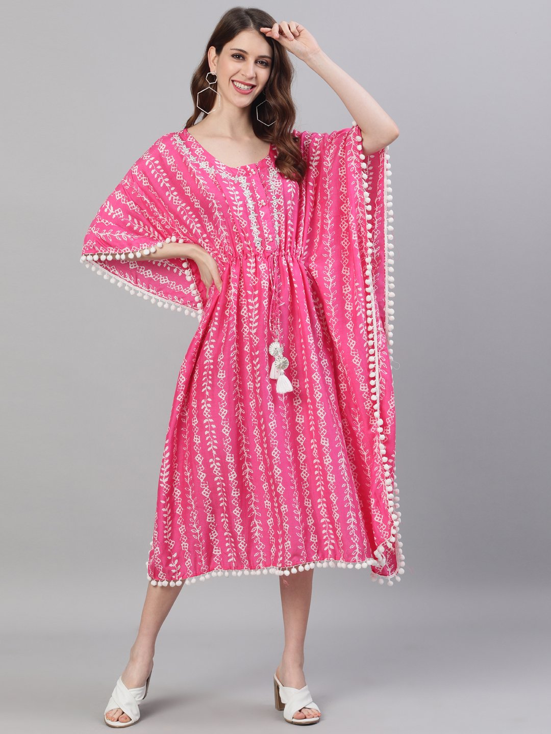 Ishin Women's Pink Embroidered Kaftan Dress