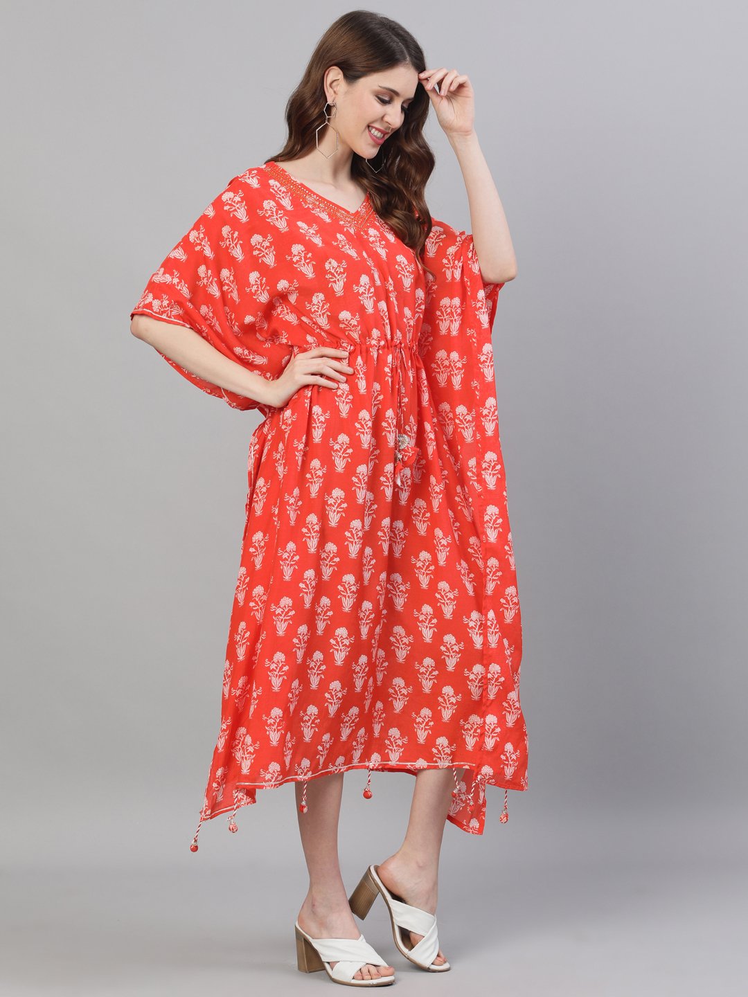 Ishin Women's Orange Embroidered Kaftan Dress