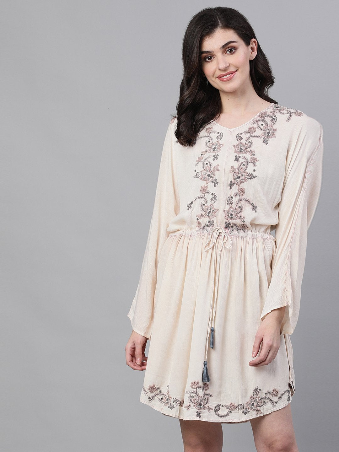 Ishin Women's Polyester Light Pink A-Line Embroidered Dress