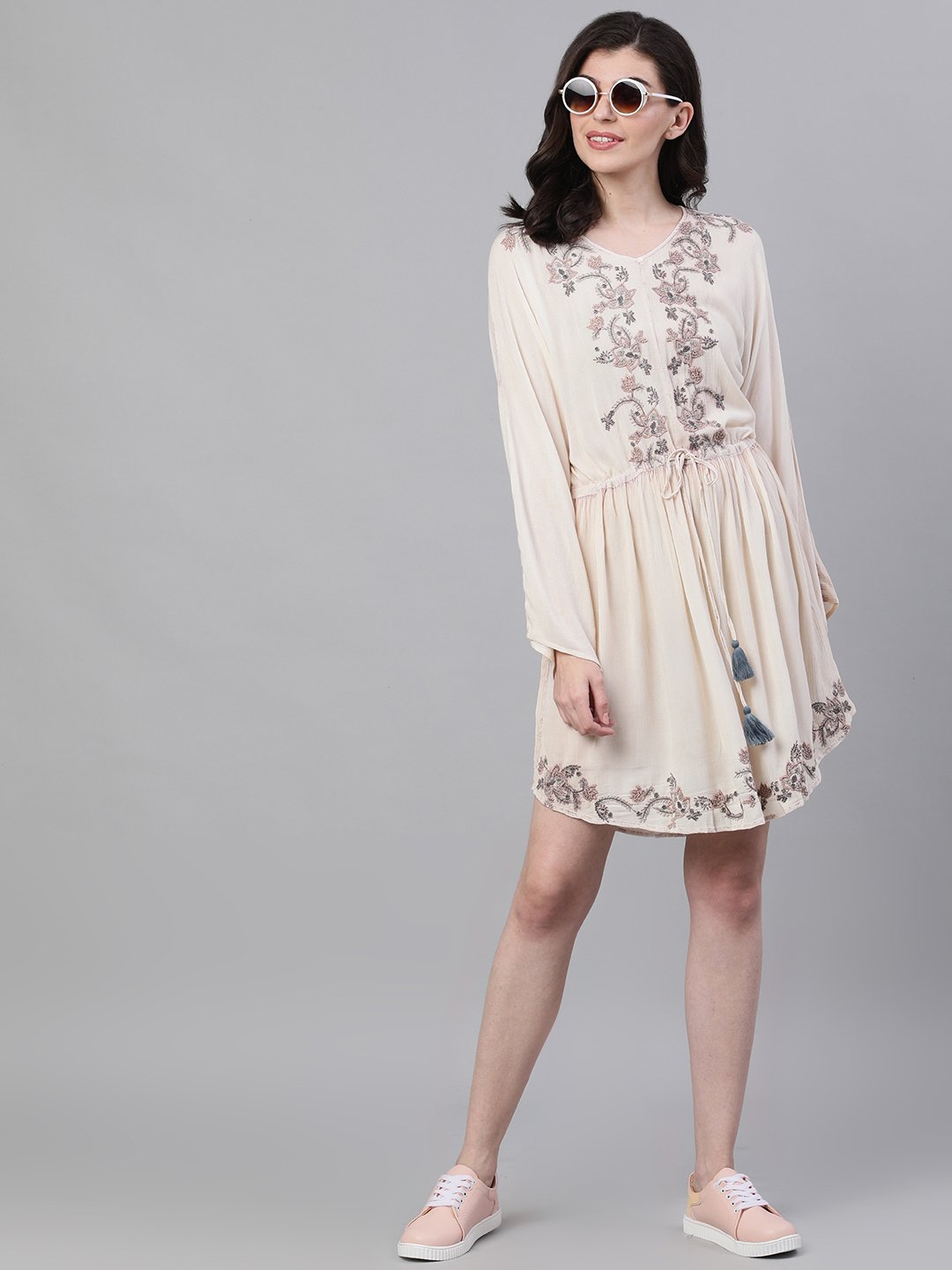Ishin Women's Polyester Light Pink A-Line Embroidered Dress