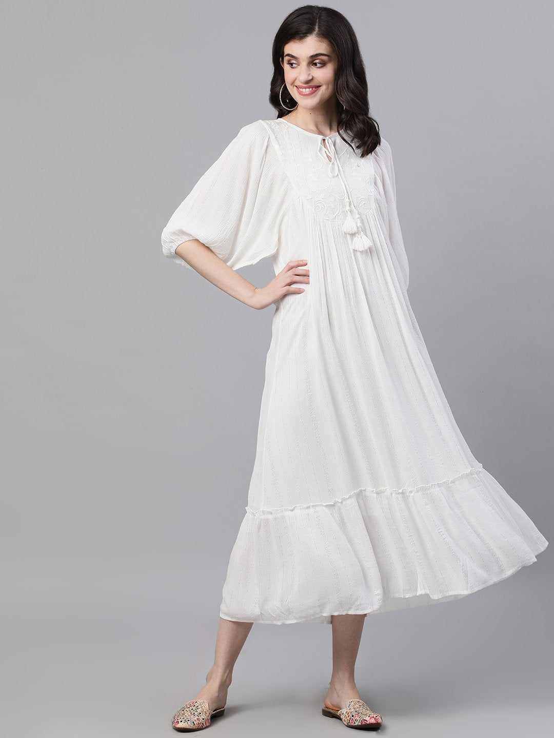 Ishin Women's Rayon White Silver Lurex Embroidered Ruffle Dress