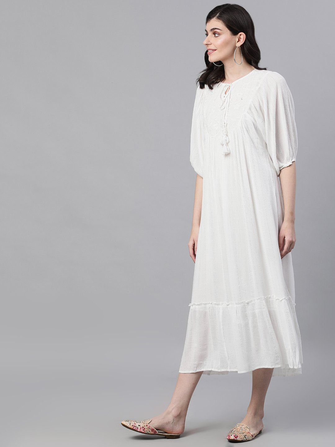 Ishin Women's Rayon White Silver Lurex Embroidered Ruffle Dress