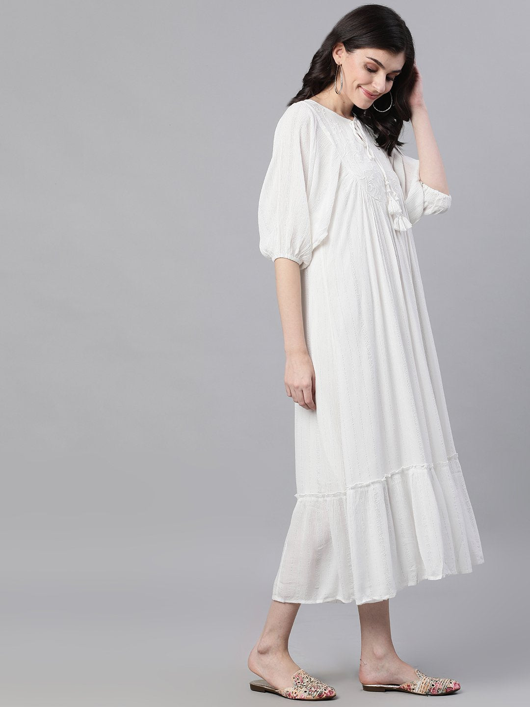 Ishin Women's Rayon White Silver Lurex Embroidered Ruffle Dress