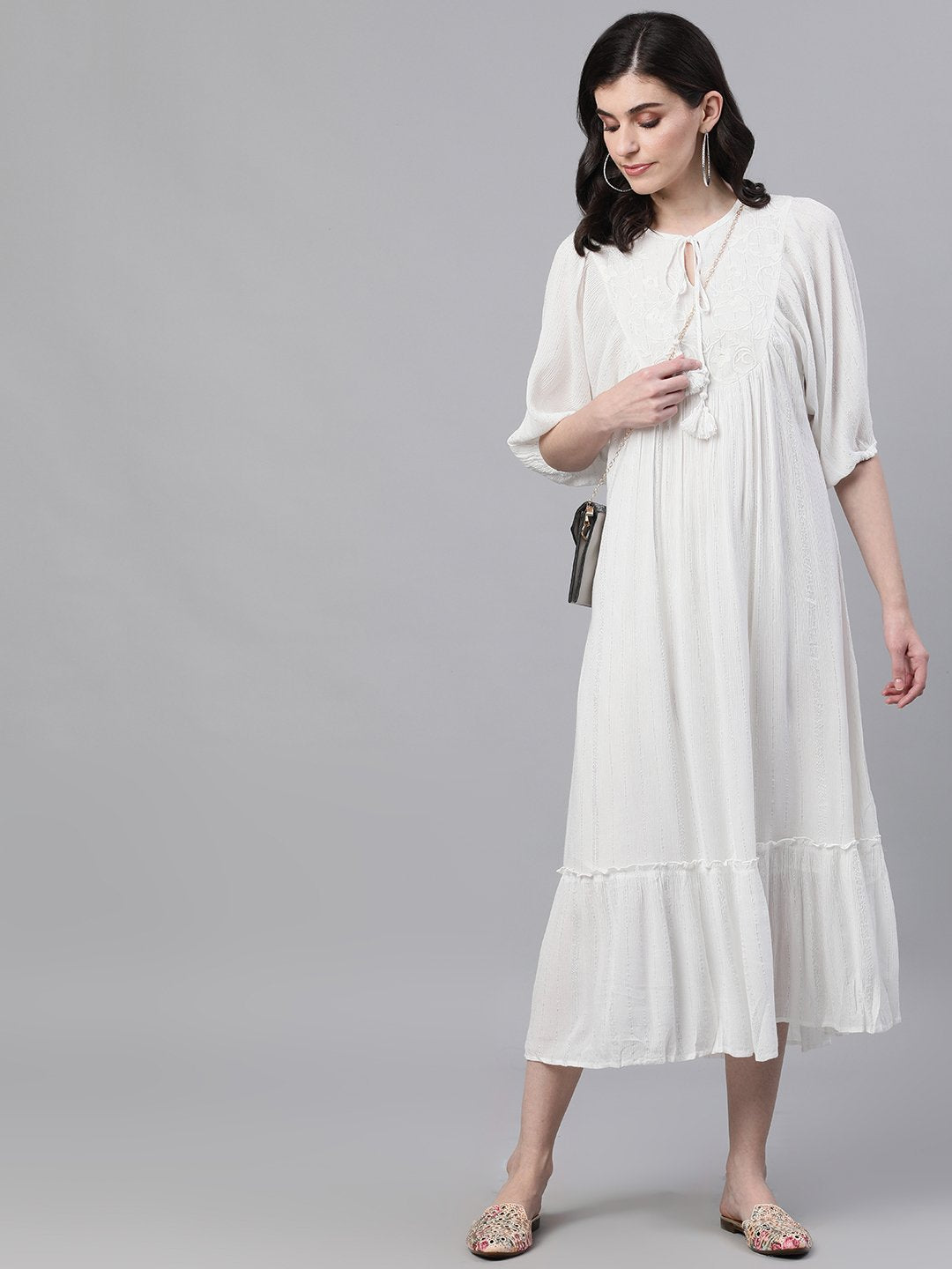 Ishin Women's Rayon White Silver Lurex Embroidered Ruffle Dress