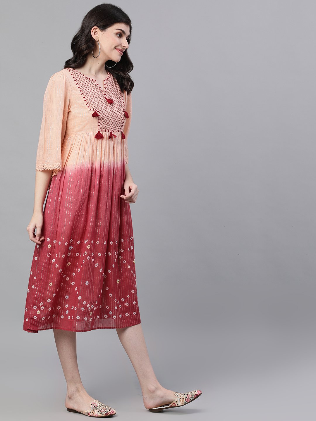 Ishin Women's Cotton Peach Lurex Smoked Tie & Dye Butterfly Dress
