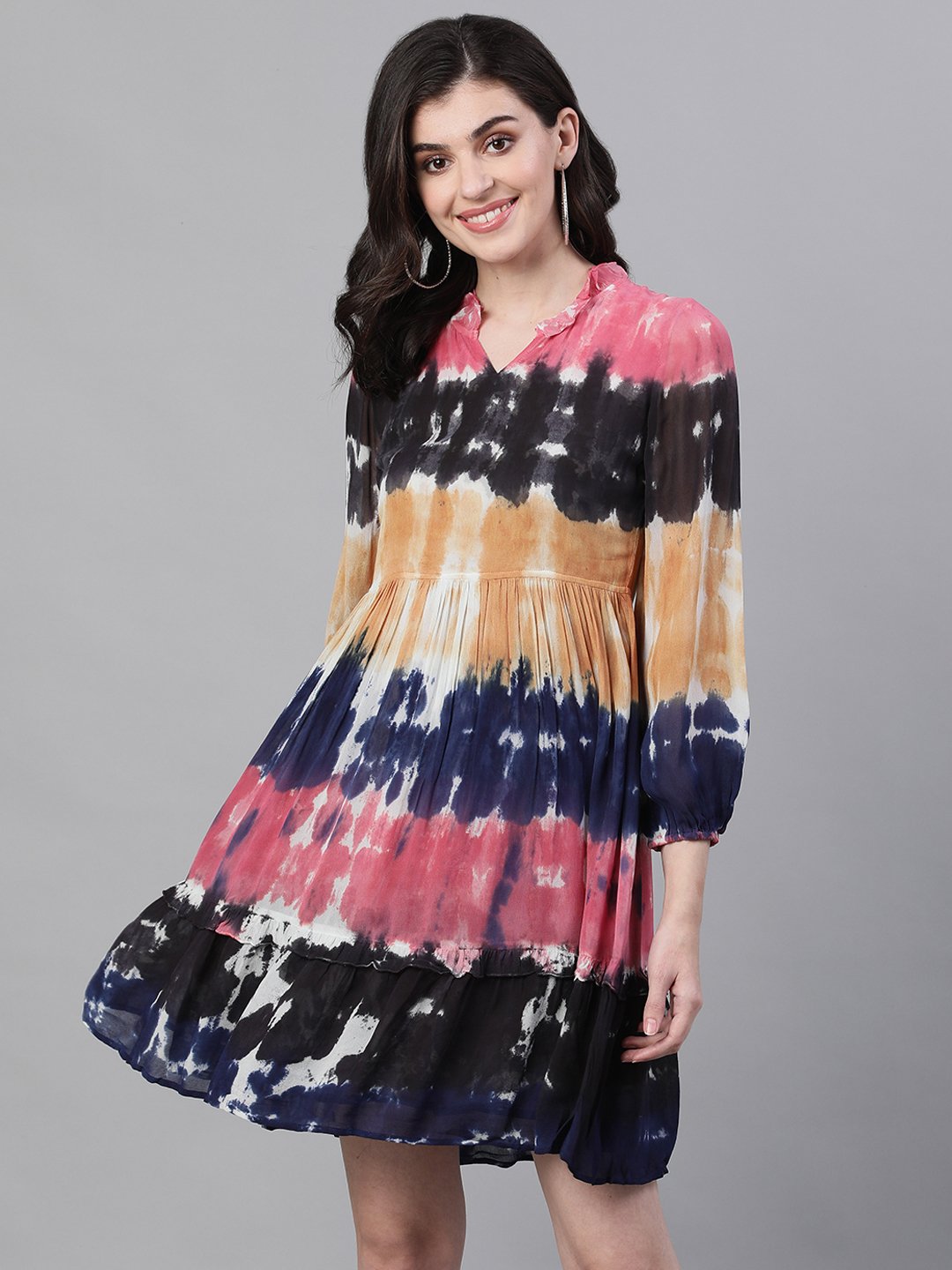 Ishin Women's Rayon Multicolor Tie & Dye Tiered A-Line Dress