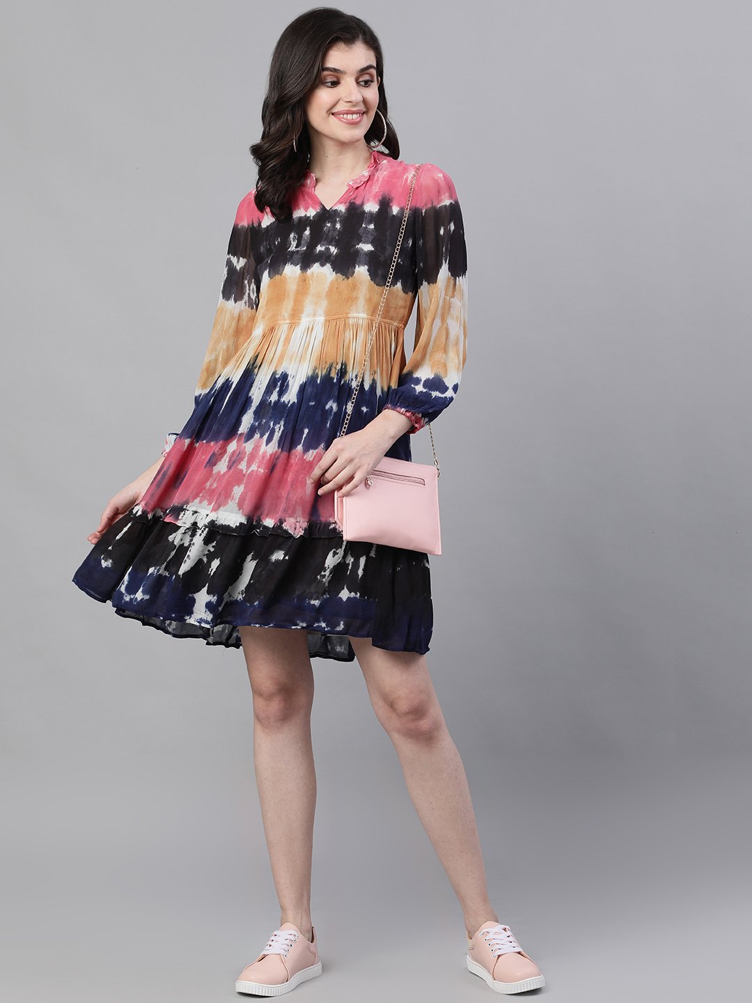 Ishin Women's Rayon Multicolor Tie & Dye Tiered A-Line Dress
