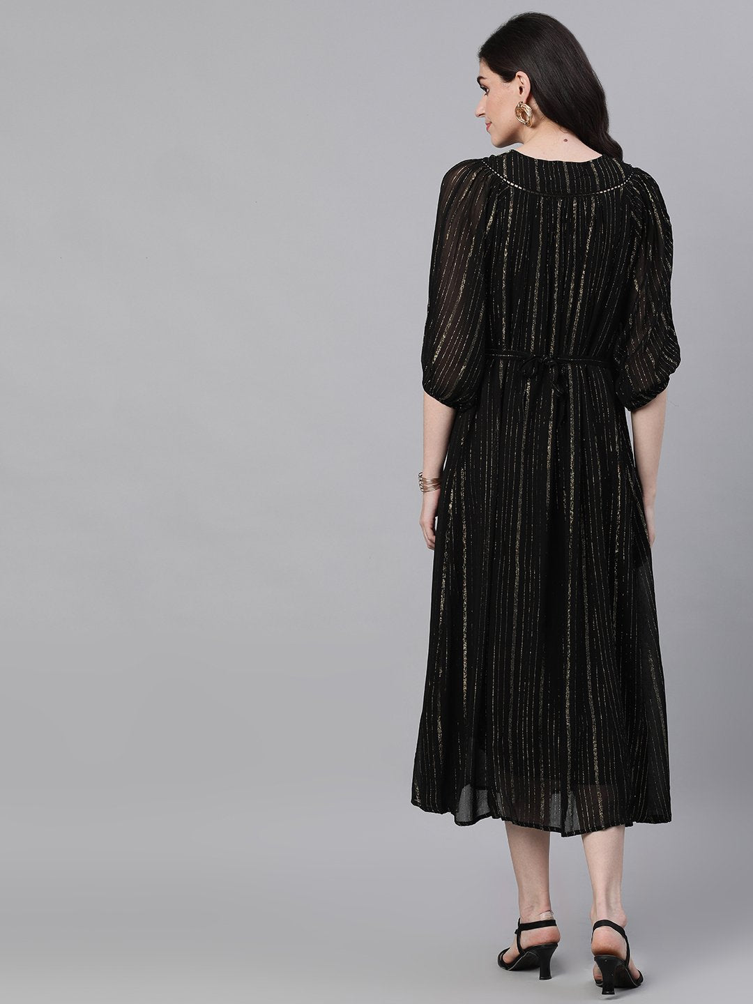 Ishin Women's Rayon Lurex Embroidered Jewel Neck A-Line Dress