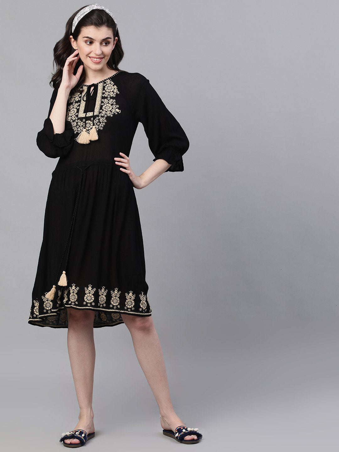 Ishin Women's Rayon Black Embroidered A-Line Dress