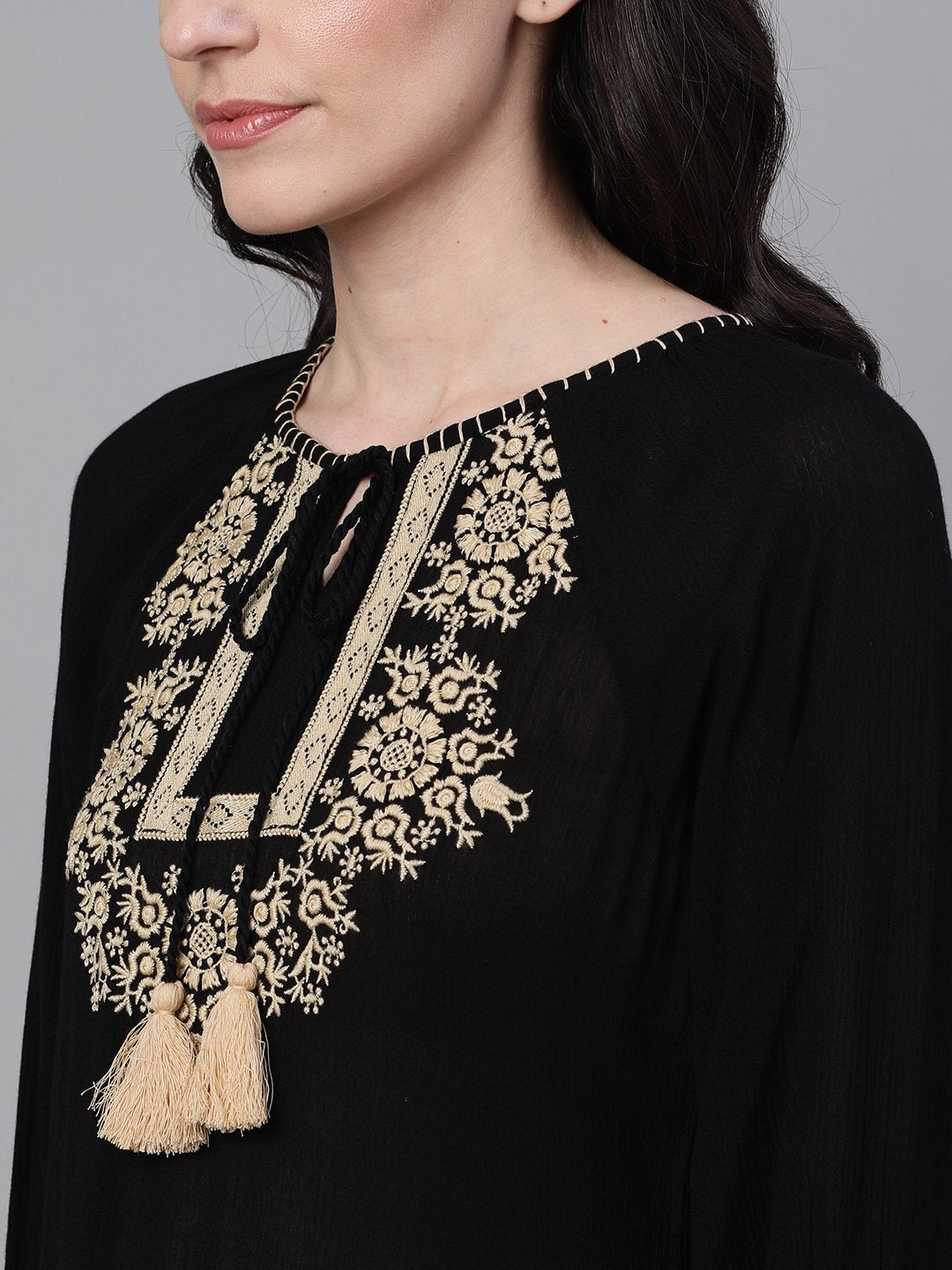 Ishin Women's Rayon Black Embroidered A-Line Dress