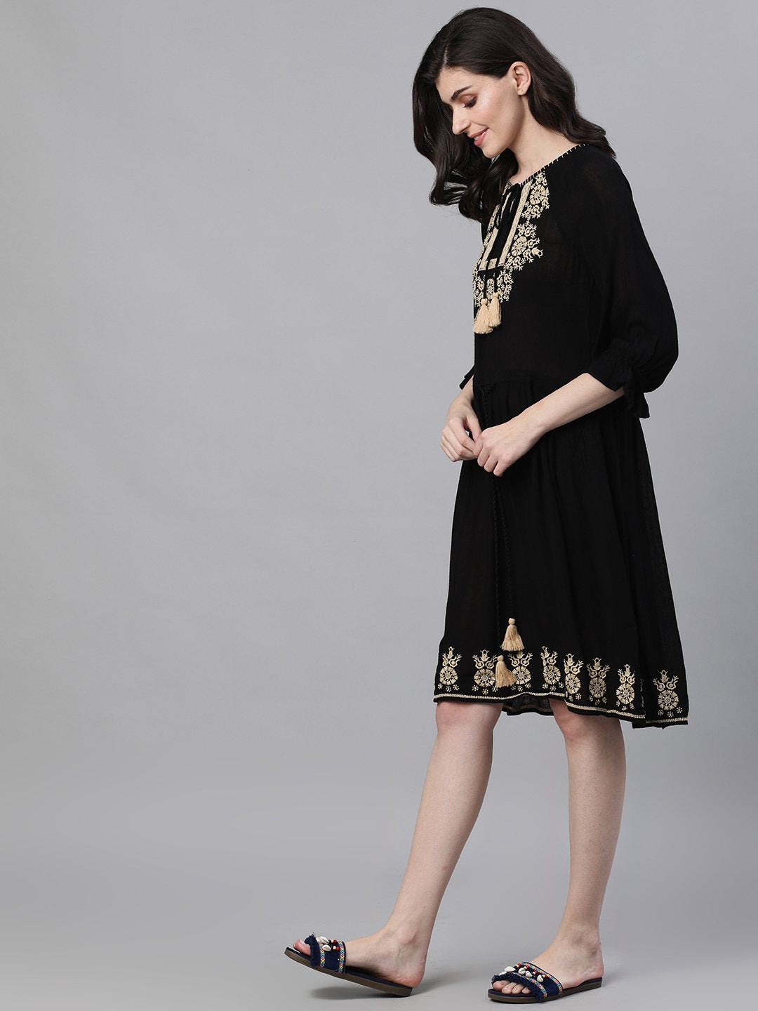 Ishin Women's Rayon Black Embroidered A-Line Dress