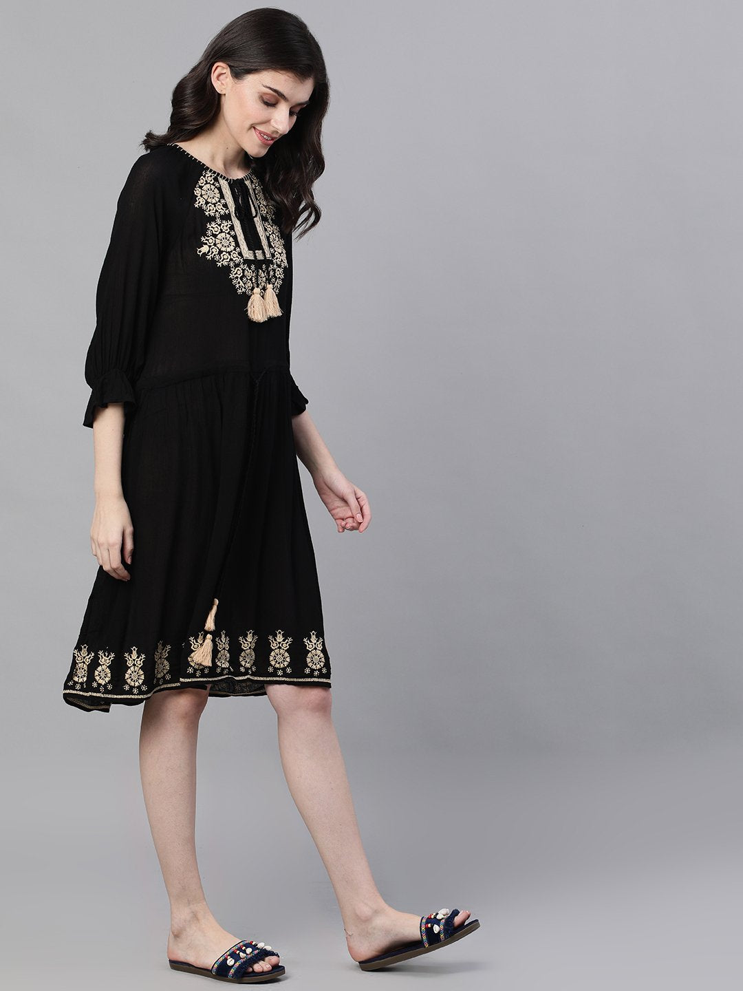 Ishin Women's Rayon Black Embroidered A-Line Dress