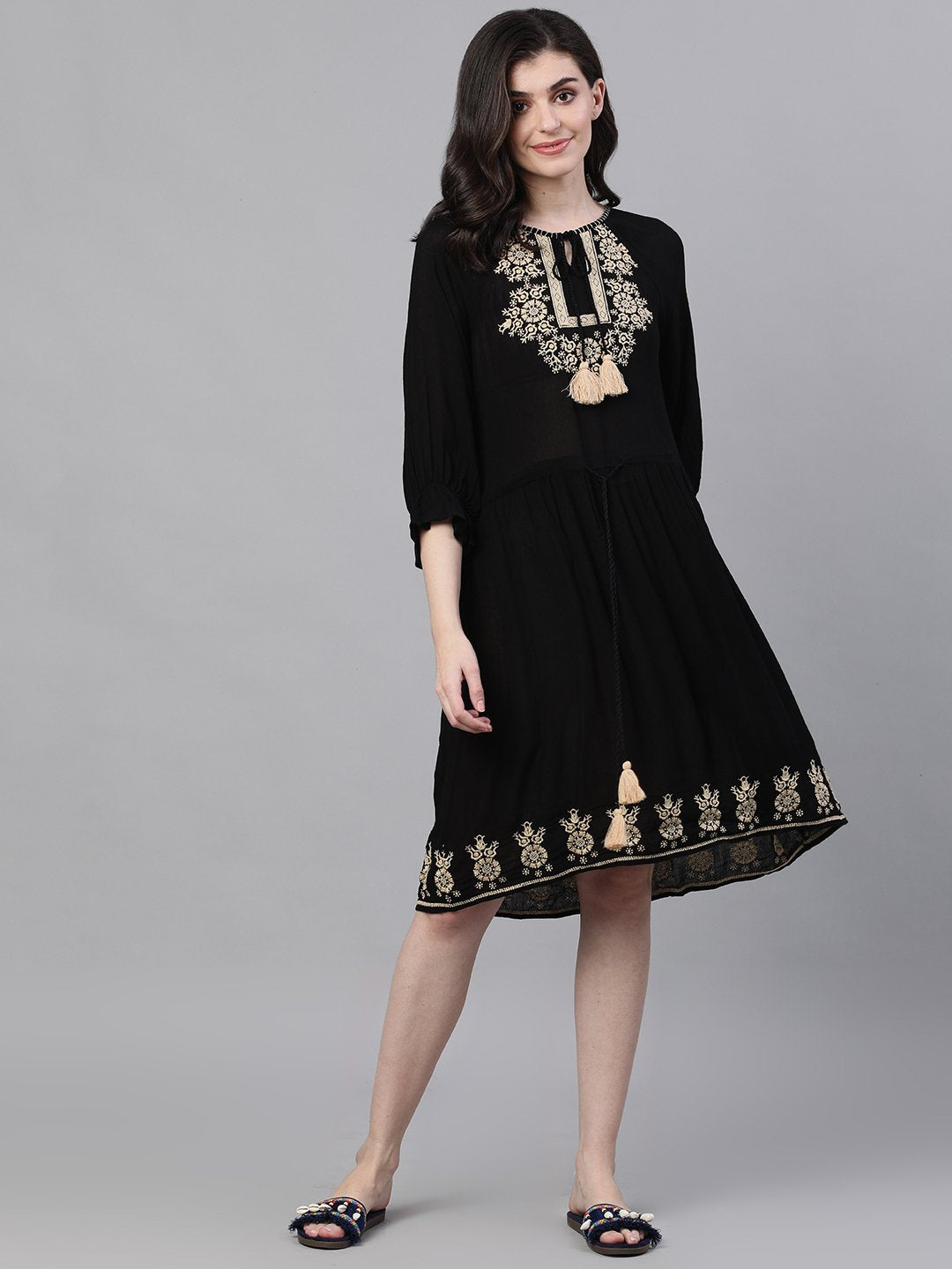 Ishin Women's Rayon Black Embroidered A-Line Dress