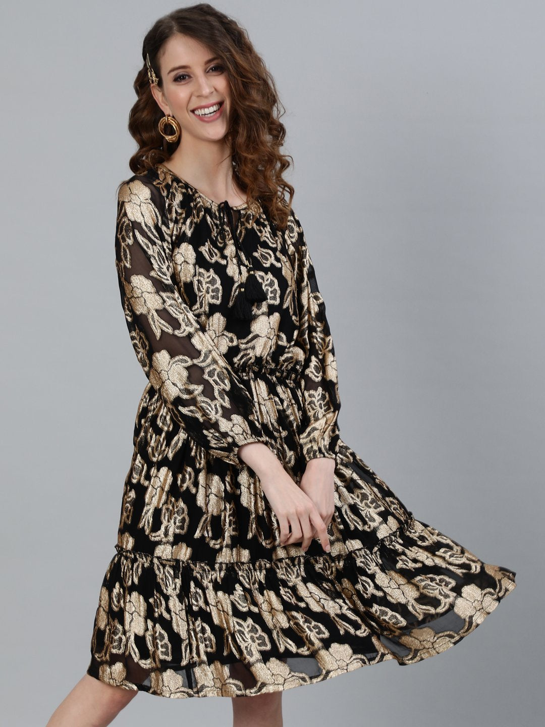 Ishin Women's Black Floral Shimmer Weave Tiered Dress