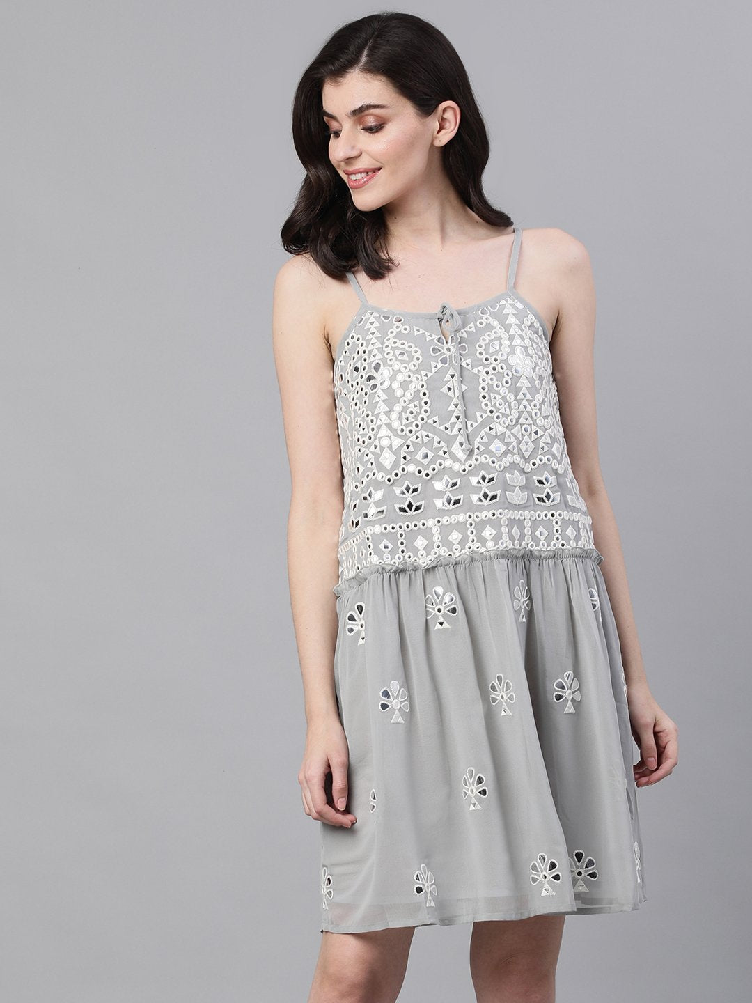 Ishin Women's Poly Georgette Grey Mirror Embellished A-Line Dress