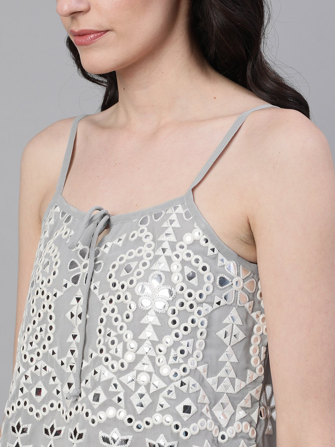 Ishin Women's Poly Georgette Grey Mirror Embellished A-Line Dress