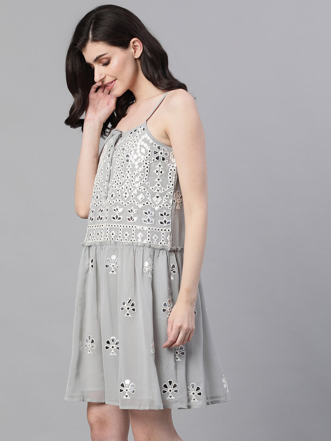 Ishin Women's Poly Georgette Grey Mirror Embellished A-Line Dress