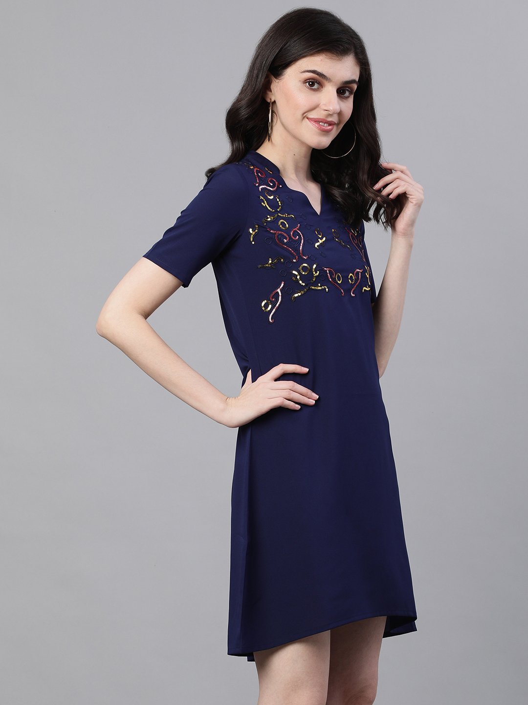 Ishin Women's Poly Crepe Blue Embellished A-Line Dress