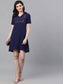 Ishin Women's Poly Crepe Blue Embellished A-Line Dress