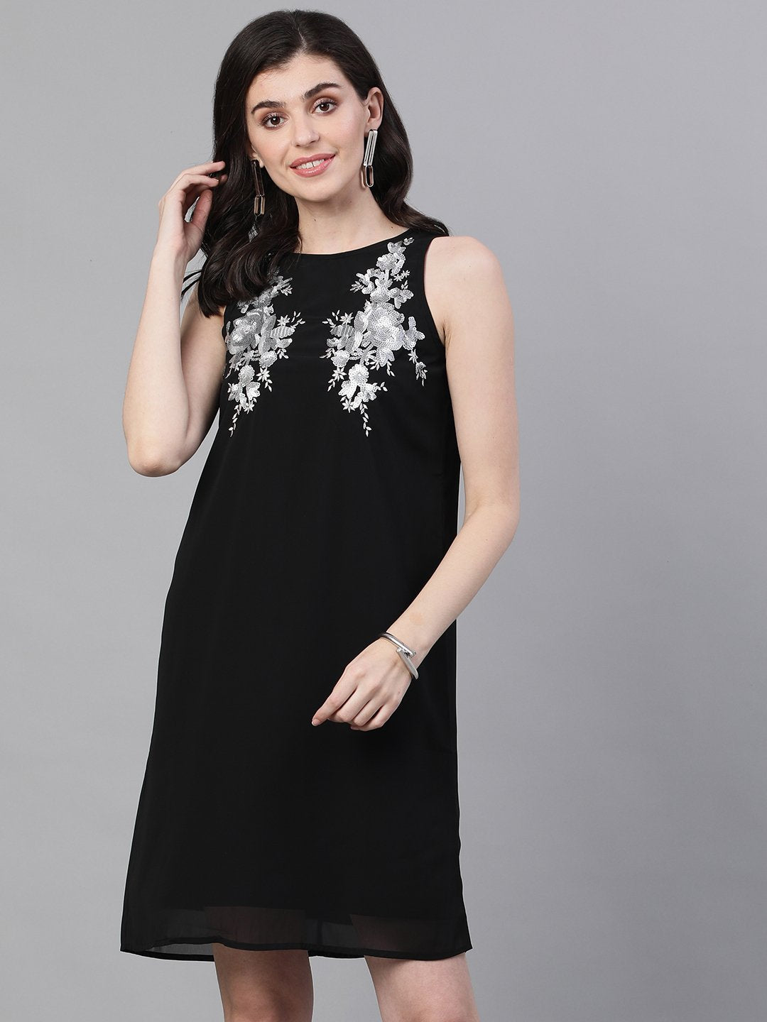 Ishin Women's Poly Crepe Black Embellished A-Line Dress