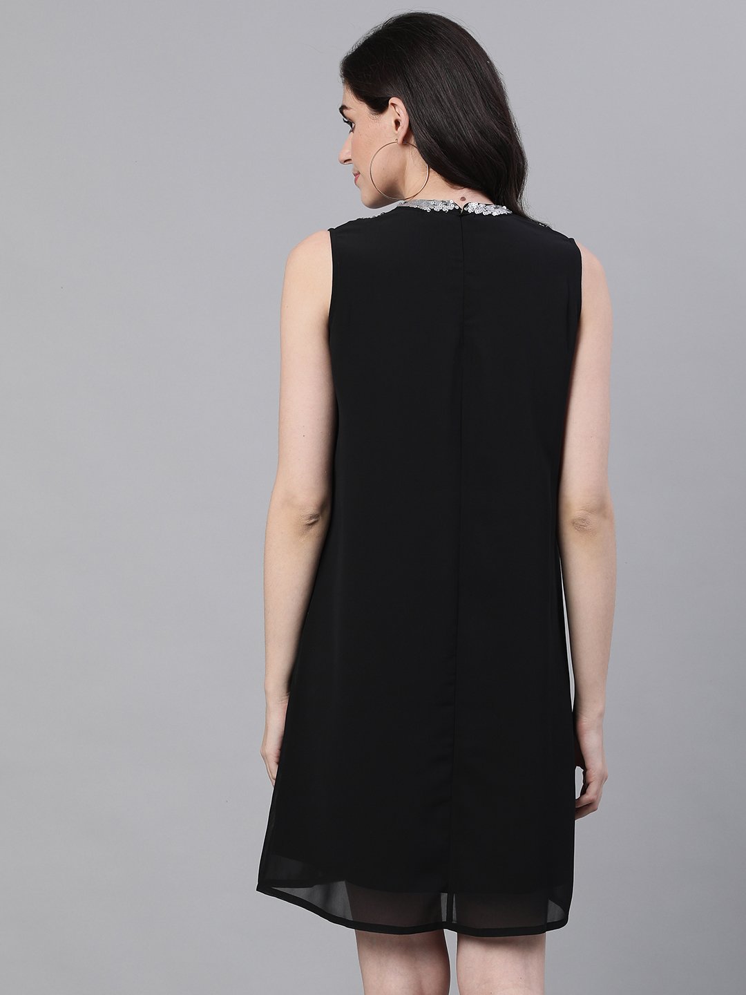 Ishin Women's Poly Crepe Black Solid Jewel Neck A-Line Dress