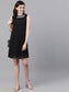 Ishin Women's Poly Crepe Black Solid Jewel Neck A-Line Dress