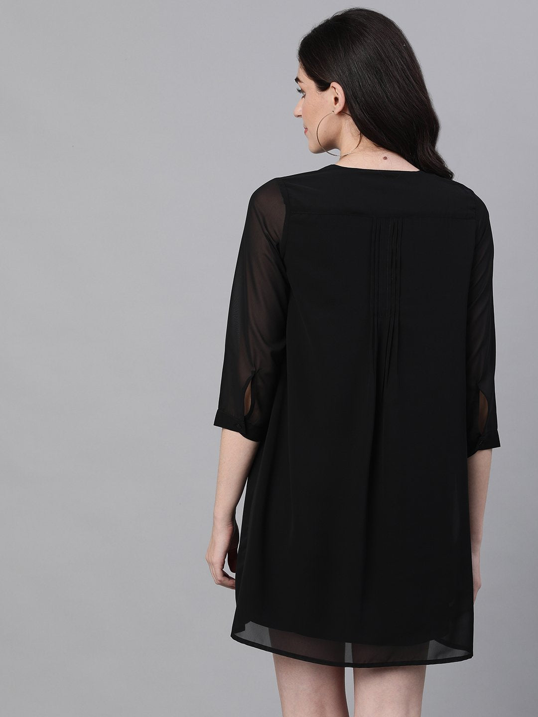 Ishin Women's Poly Georgette Black Embellished A-Line Dress