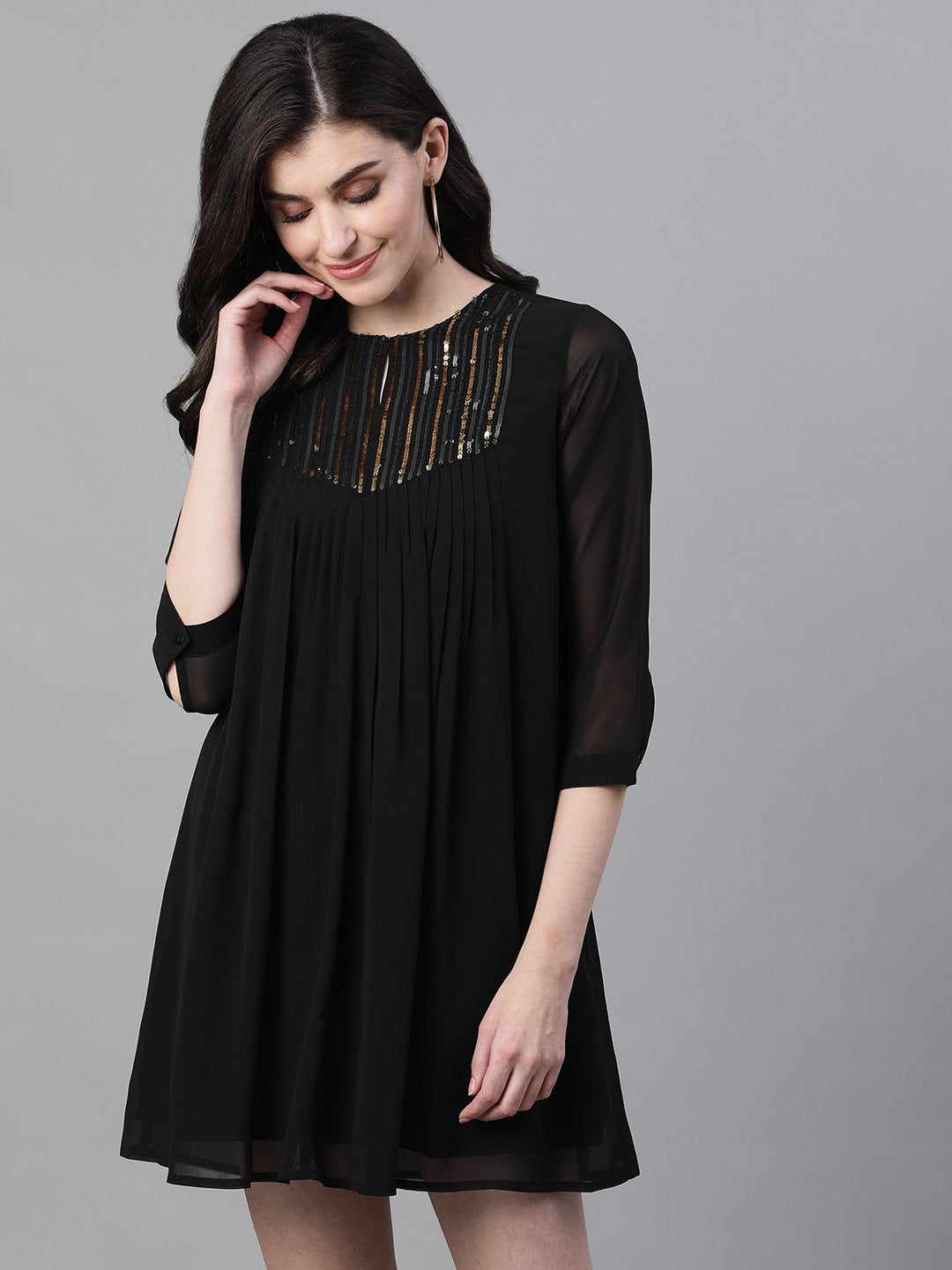 Ishin Women's Poly Georgette Black Embellished A-Line Dress
