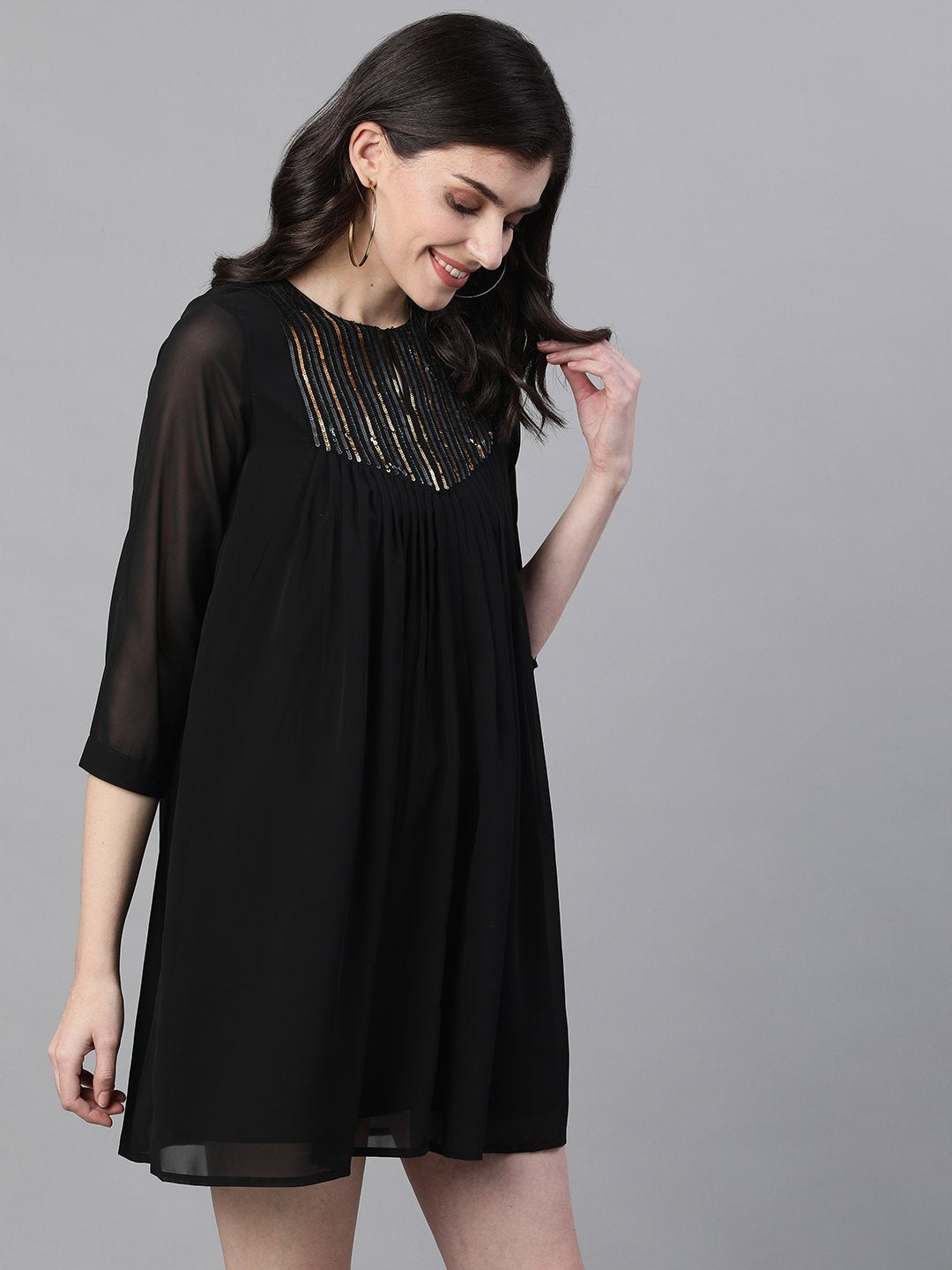 Ishin Women's Poly Georgette Black Embellished A-Line Dress