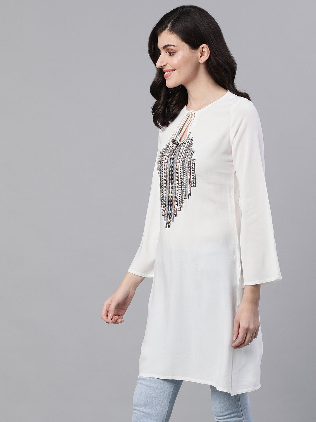Ishin Women's Rayon Off White Embellished A-Line Dress
