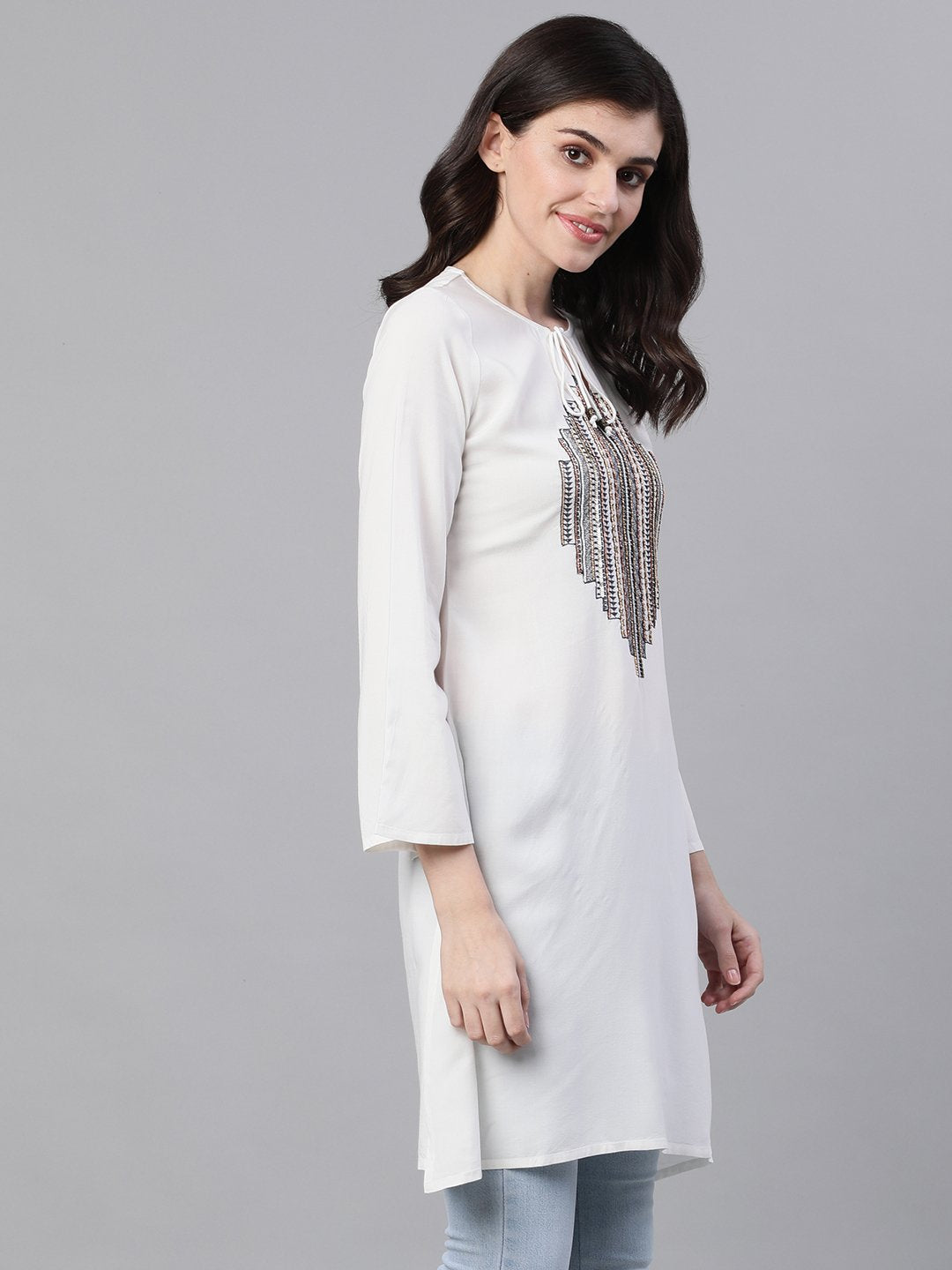 Ishin Women's Rayon Off White Embellished A-Line Dress