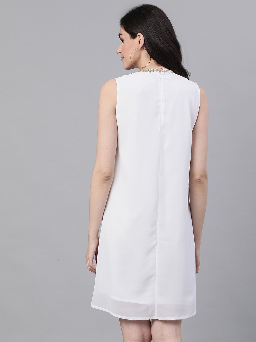 Ishin Women's Poly Crepe White Solid Jewel Neck A-Line Dress