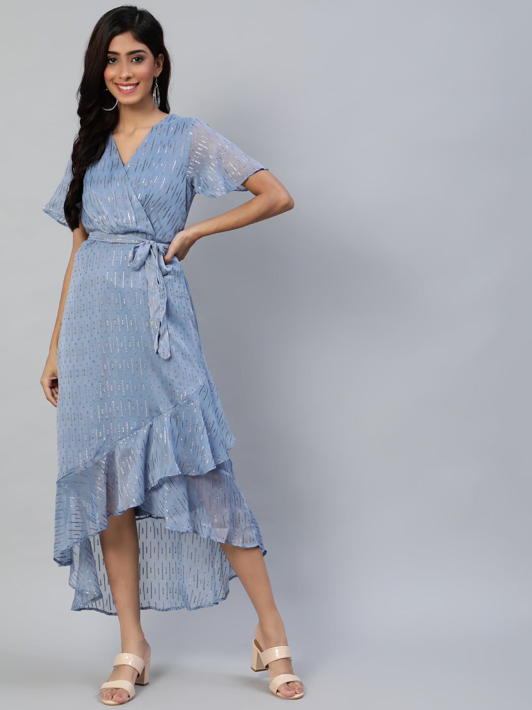 Ishin Women's Blue Chiffon Midi Dress