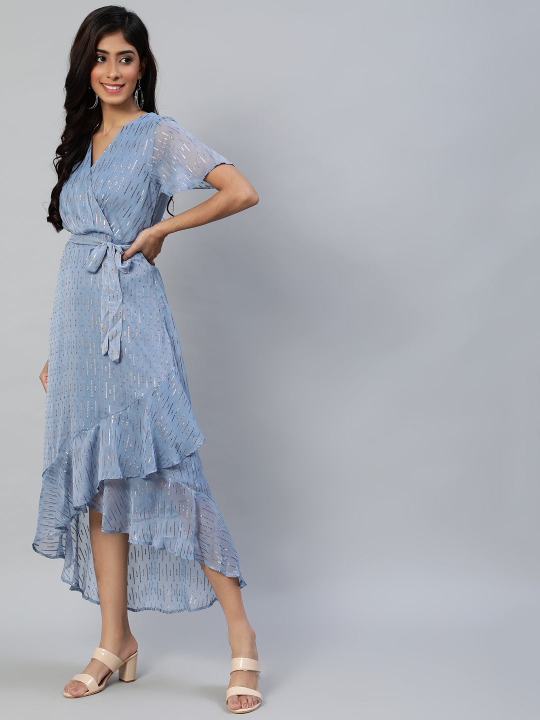 Ishin Women's Blue Chiffon Midi Dress