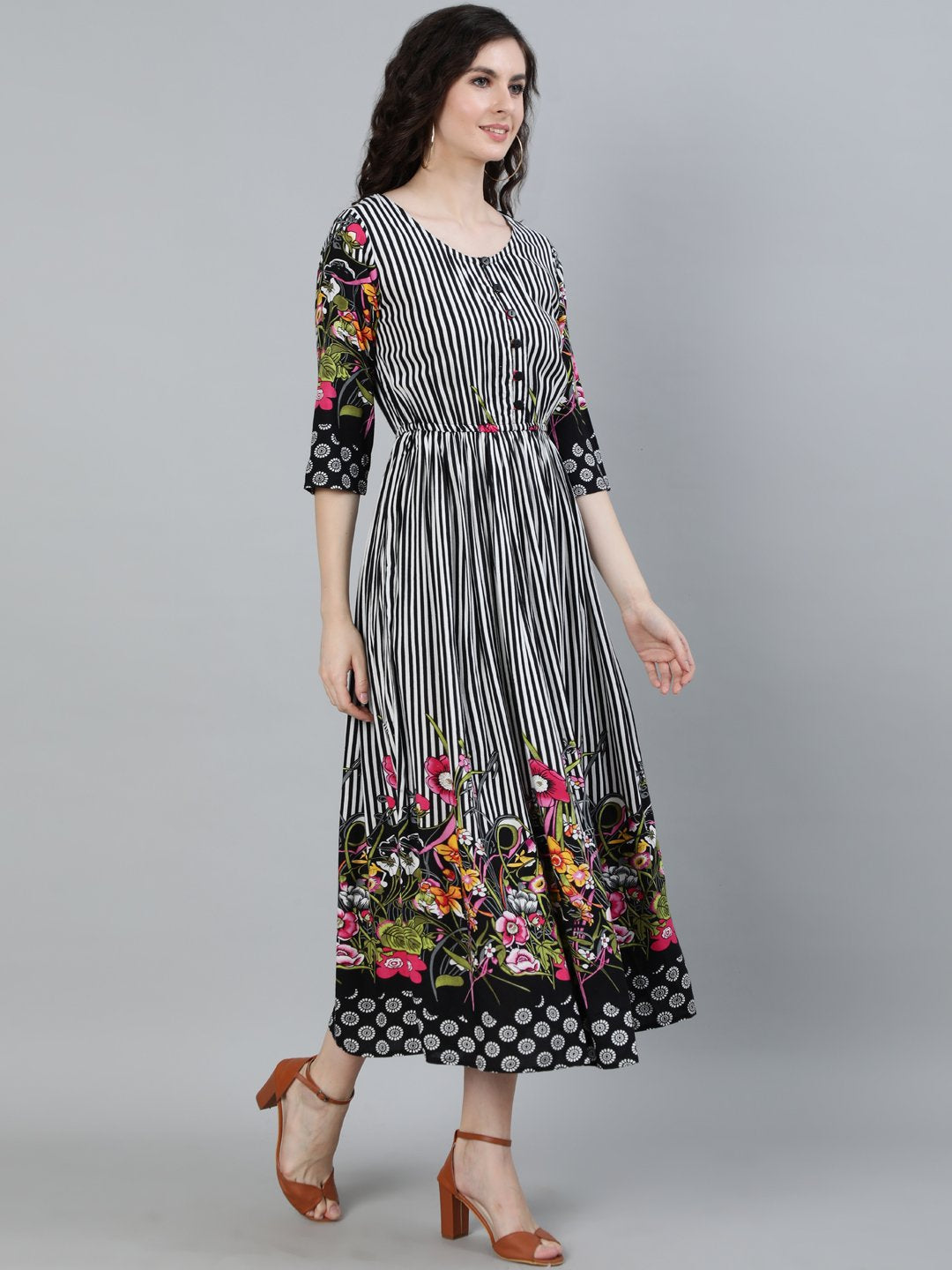 Ishin Women's Viscose Rayon Black & White Striped Dress