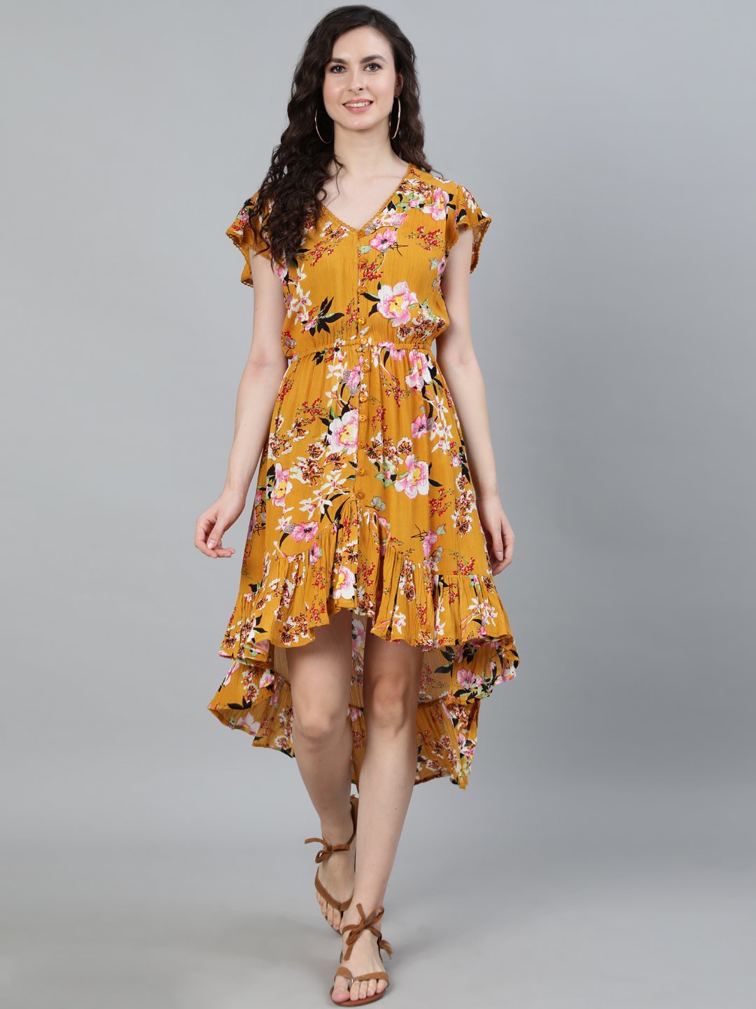 Ishin Women's Georgette Mustard Asymmetric Floral Printed Dress