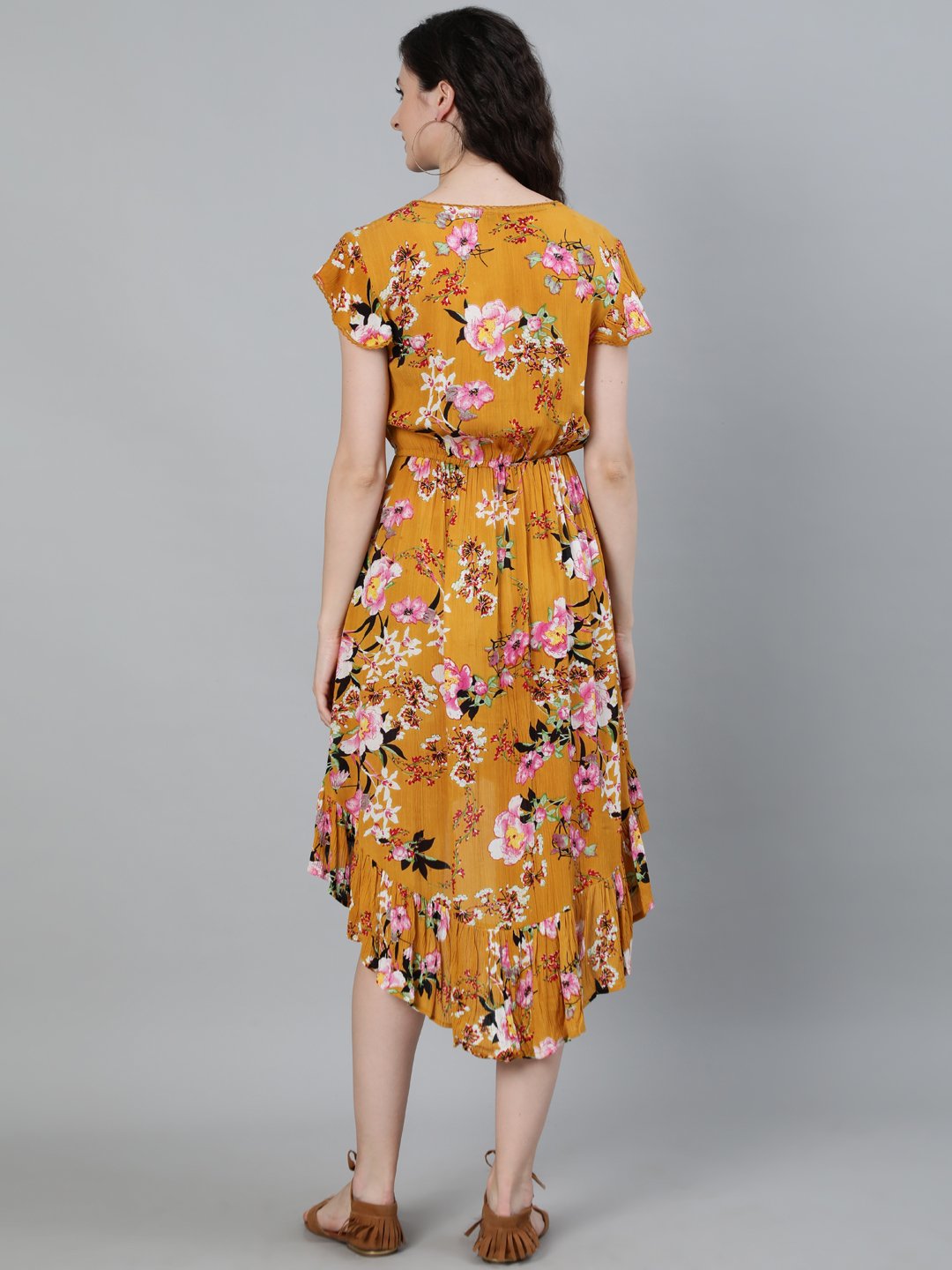 Ishin Women's Georgette Mustard Asymmetric Floral Printed Dress