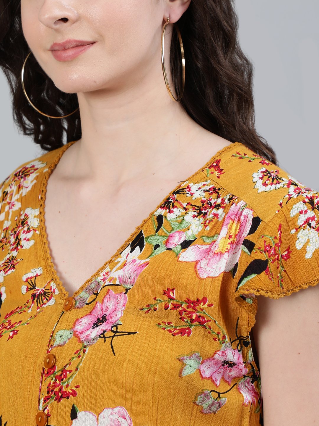 Ishin Women's Georgette Mustard Asymmetric Floral Printed Dress