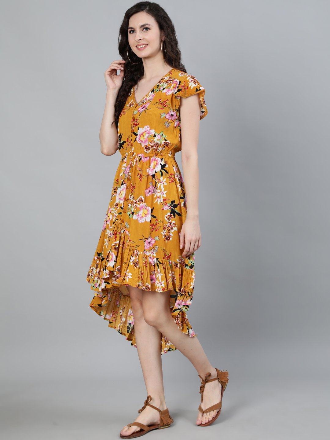 Ishin Women's Georgette Mustard Asymmetric Floral Printed Dress