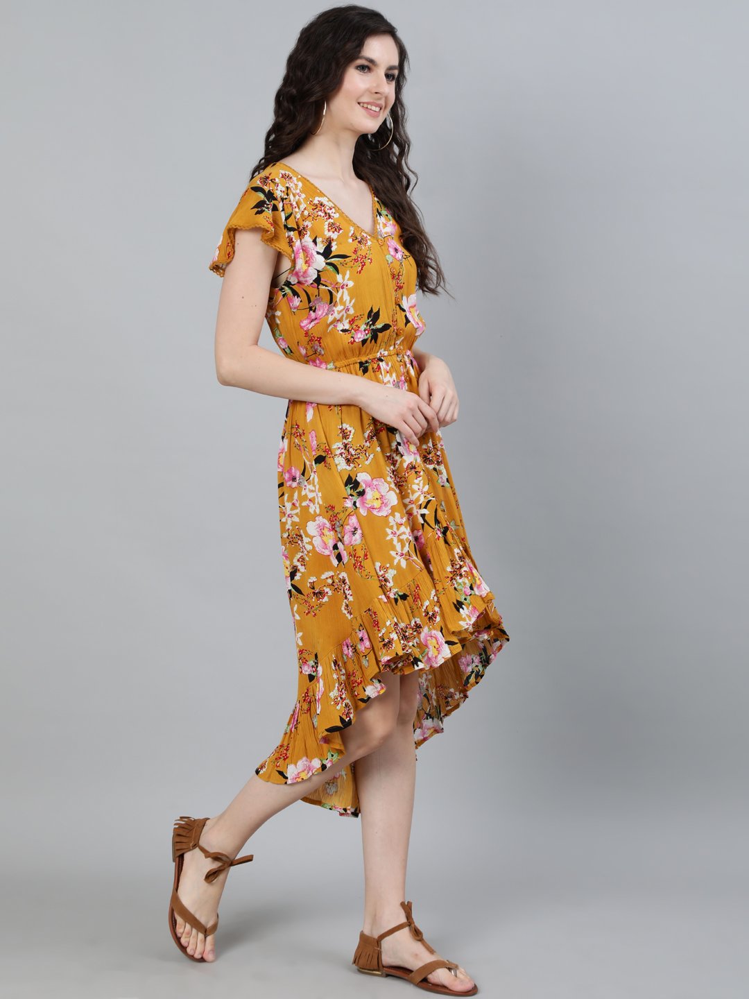 Ishin Women's Georgette Mustard Asymmetric Floral Printed Dress