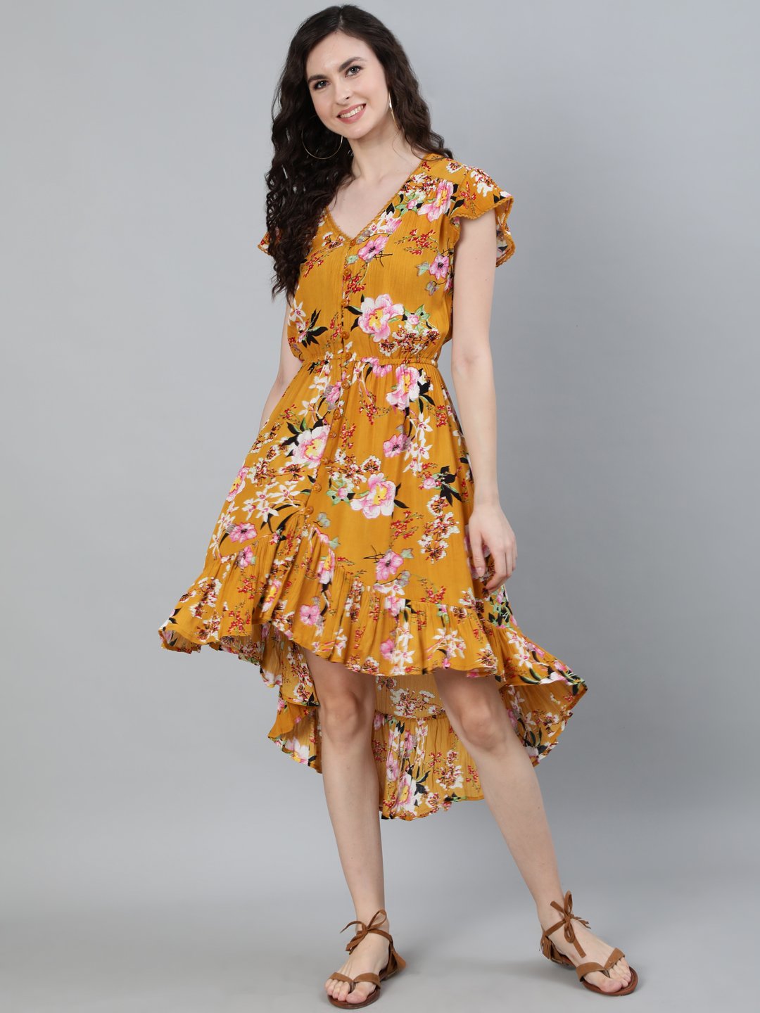 Ishin Women's Georgette Mustard Asymmetric Floral Printed Dress