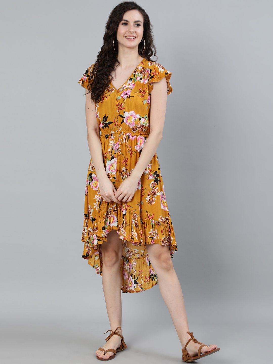 Ishin Women's Georgette Mustard Asymmetric Floral Printed Dress