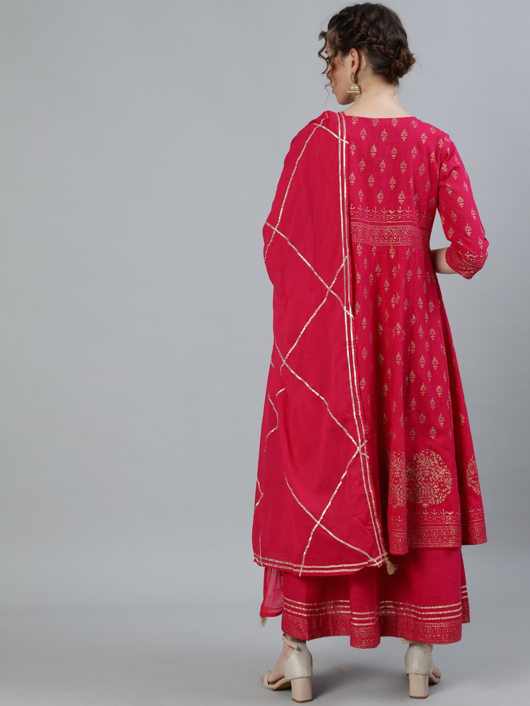 Ishin Women's Pink Gota Patti Anarkali Jacket Kurta With Dupatta