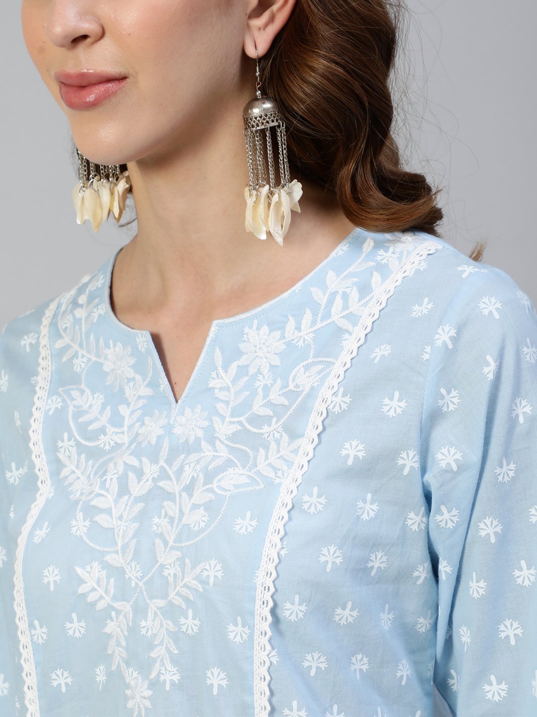 Ishin Women's Cotton Blue Embroidered A-Line Kurta