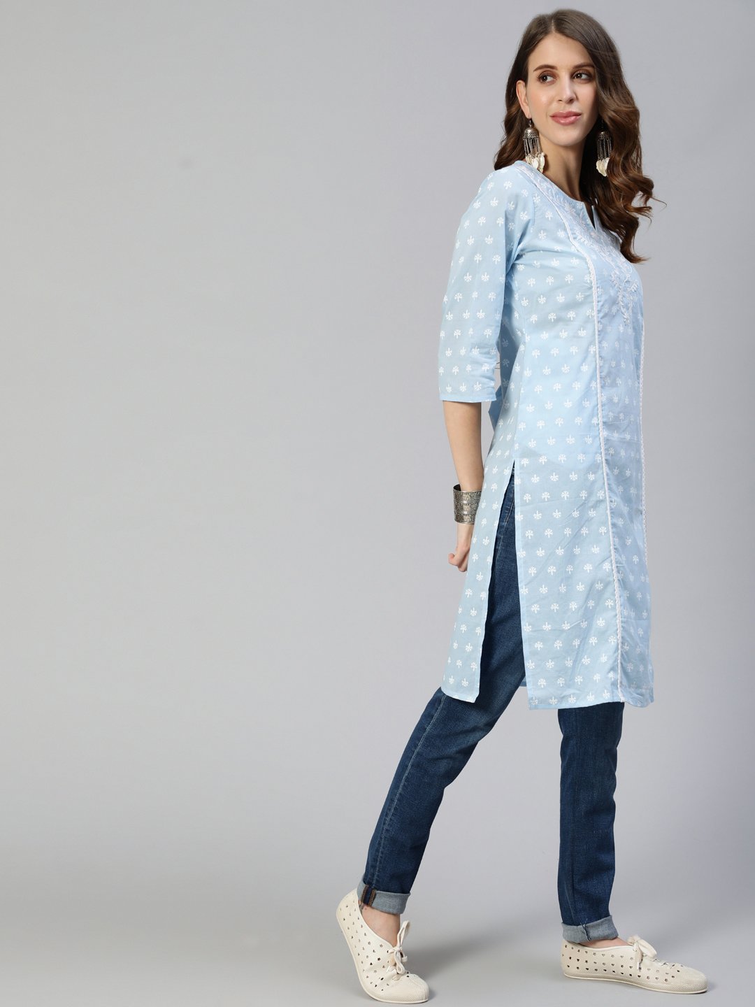 Ishin Women's Cotton Blue Embroidered A-Line Kurta