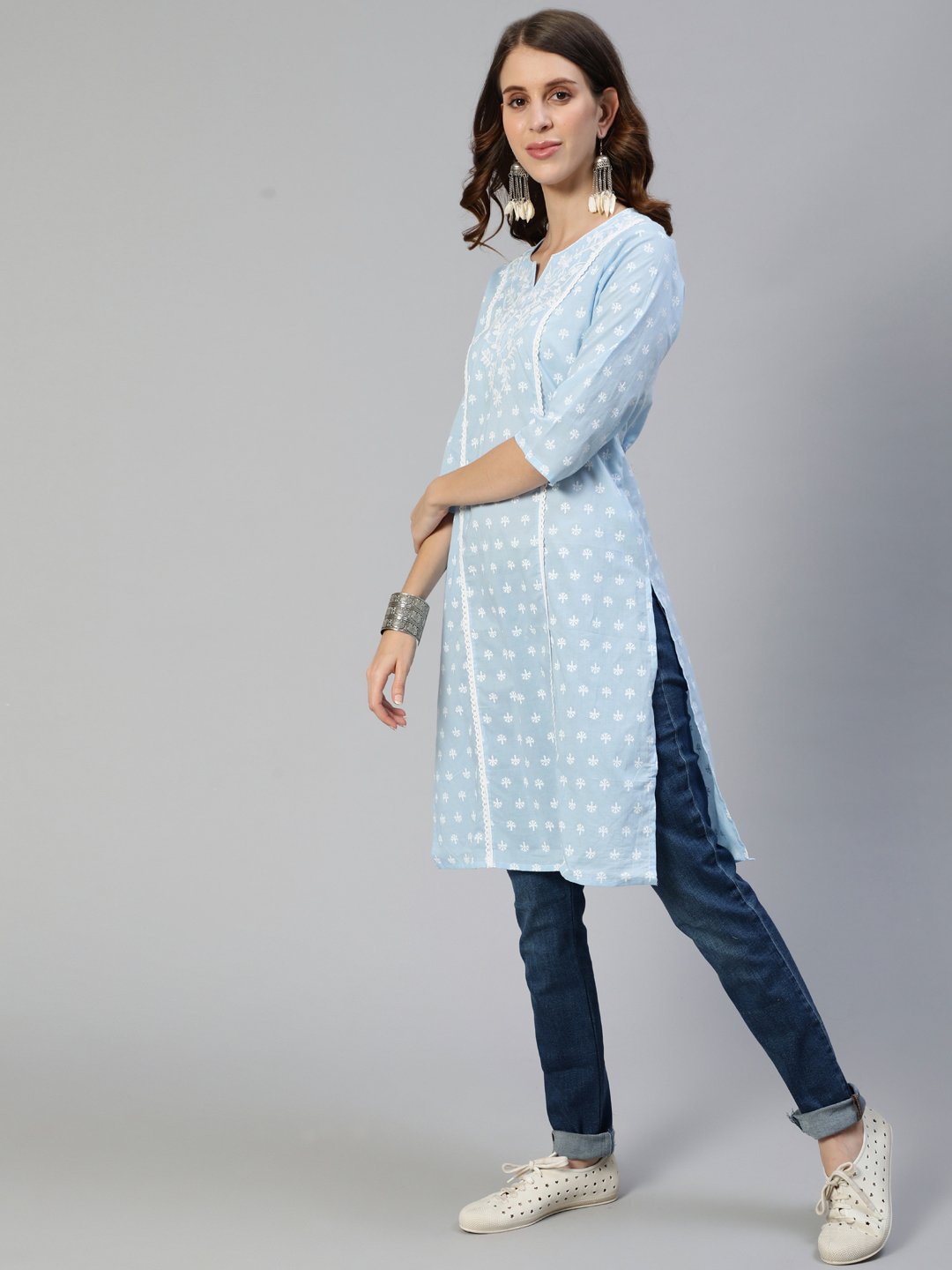 Ishin Women's Cotton Blue Embroidered A-Line Kurta