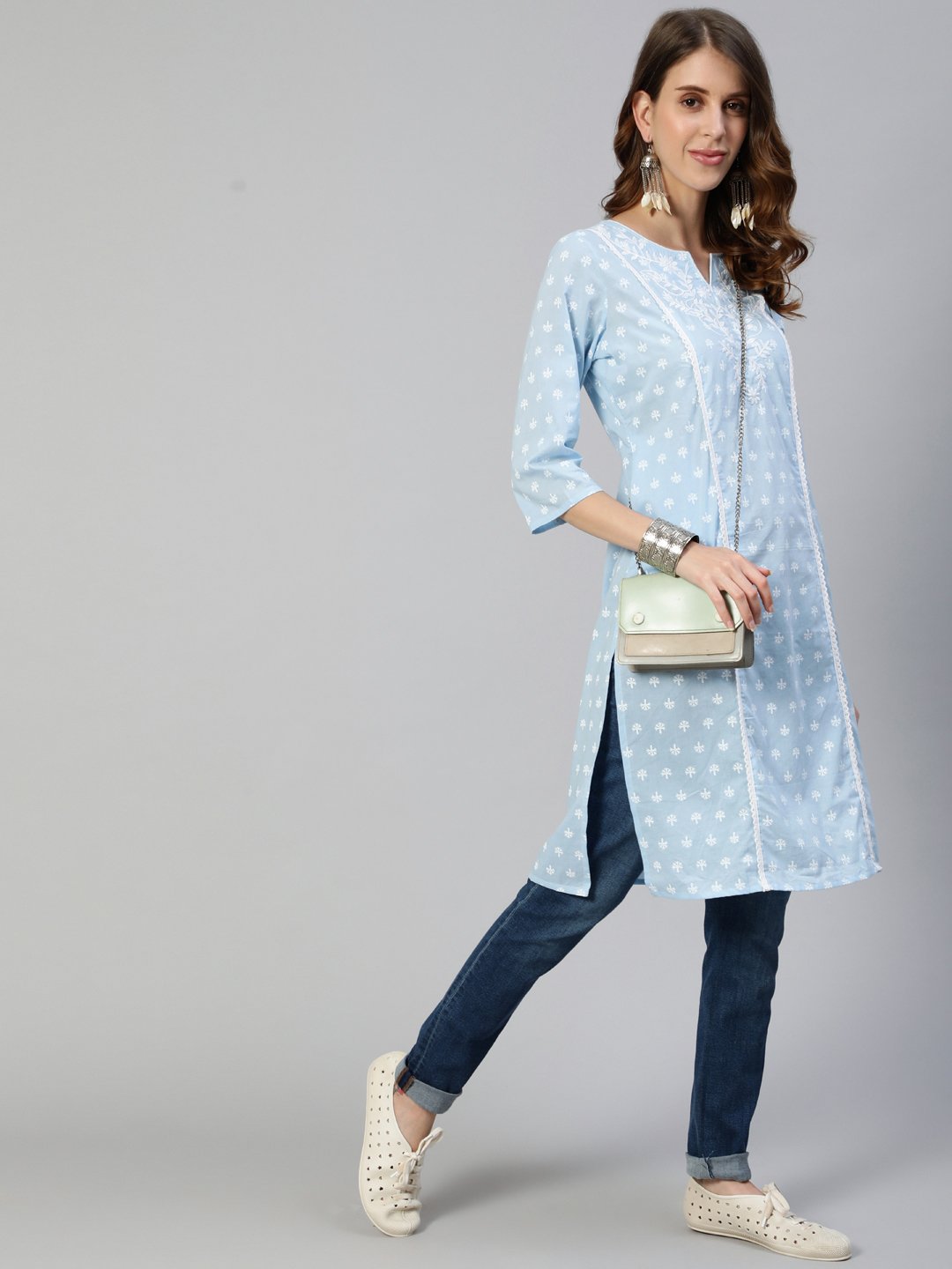 Ishin Women's Cotton Blue Embroidered A-Line Kurta